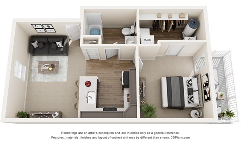 Floor plan for 1 bed, 1 bath, 680 sqft